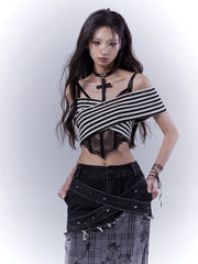 Black and White Off-the-shoulder Neckline Studded Striped Strapless Top