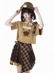 Yellow Asymmetrical Neckline Adorable Puppy Print Self-tie Plaid Bowknot T-shirt