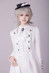 White Zip Closure Jacquard Placket Aristocrat Fahion Ouji Lolita Coat with Lace-up Triangle Cutout Back