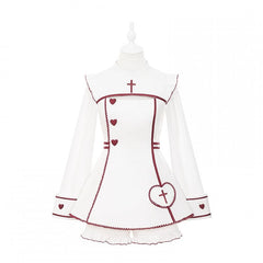 Yami Kawaii Halloween-themed Set: White Maid Dress with Red Heart Buttons & Cross Embroidery + Shorts