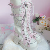White and Pink Knee-high Punk Fashion Chunky Boots Studs and Skulls Details
