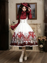 White & Red Skeleton and Cross Print Under Bust Gothic Lolita Dress with Lace Trim