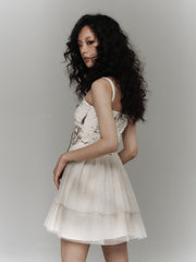 White Punk Slip Dress with Crisscross Lacing & Distressed Tulle Tiered Skirt