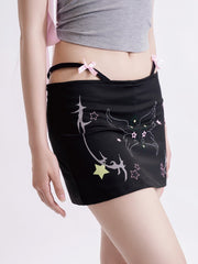 Y2K Gyaru Black Bodycon Skirt with Reflective Lining and Rhinestone Star Design