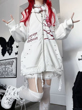 White Guro Kawaii Red Heart And Letter Print Studs Decor At Ed C At Ear Zip- Up Hoodie