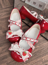 Sweet Lolita Strawberry Theme Red Low Heels with Round Toe, Heart Snap Closure & Decorative Strawberry
