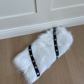 White/Khaki/Black Punk Plush Leg Warmers with PU Leather Strap Decorations
