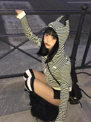Y2K Black & White Stripes Zip-Up Hoodie with Devil Hood