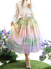 Water Lily Oil Painting Print Pink and Green High Waist Skirt Long/Short Version