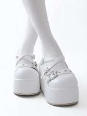 White Y2K Crisscross Design Wings Decorated Heart Buckles Platforms