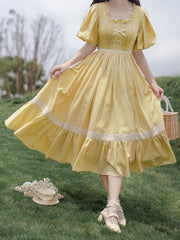 Yellow Plaid Sweet Lolita One Piece with Square Neckline and Short Puff Sleeves