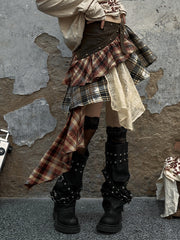 Waist Belt Design Red and Brown Punk Asymmetrical Plaid Skirt with Studs