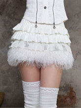 White Punk Tiered A-Line Skirt with Elastic Waist & Faux Fur Trim