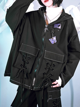 Gothic Black Hooded Fleece-Lined Cape Jacket with 3D Crisscross Drawstring Pockets & Butterfly Embroidery
