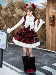 Red and Black Plaid Pattern Winter Lolita Dress with White Plush Hemline and Bow Brooch