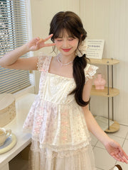 Pink Flutter Sleeve Bowknot Details Ruffled Lace Trim Floral Tank Top