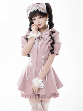 Sweet Jirai Kei Set in Pink: Open Shoulder Top & Ruffled Shorts with Decorative Brooch