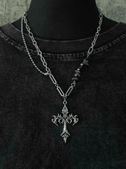 Silver Flame Cross Pendant Necklace with Asymmetric Chain
