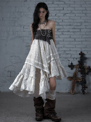 White Wasteland Punk Star Studs PU Waistline Asymmetrical Flounce Hem Skirt