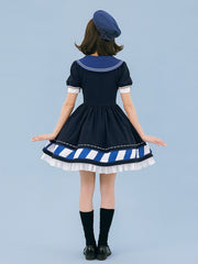 Dark Blue Summer Sailor Lolita Dress Embroidery Sailor Collar One Piece