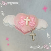 Blue/Pink Plush Cross and Bowknot Heart-shaped Hairclip with Wings and Cross