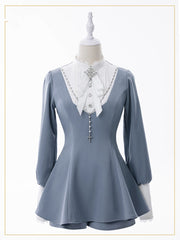 Jirai Kei Nun Style Coord Set: Light Blue Top with Leg-of-Mutton Sleeves, Shorts , Ornate Brooch & Cross Chain