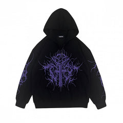 Gothic Black Zip-Up Hoodie with Purple Cross Print