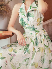 Green Lemon Print Retro Fashion Backless Dress Big Bow Back Halter Neck