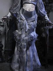 Dusty Blue Tie Dye Design Ruffle Flounce Knees Corpse Bride Goth Mermaid Skirt