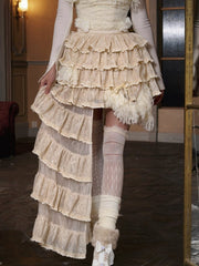 Cream Apricot Asymmetrical Tiered Sequined Lace Skirt