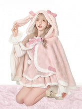 Sweet Plush Pink Bunny Ear Cape with Lace and Bow Accents