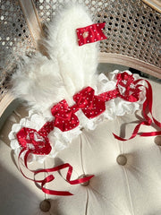 Red/Pink/Light Pink Plush Bunny Ear Lolita Hairband with Polka Dot Bows and Lace Trimmings