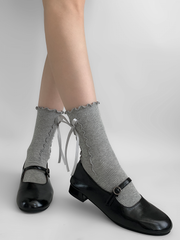 White/Black/Gray Bowknot Details Lettuce-edge Socks
