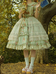 Green Bunny and Sunflower Print Puff Sleeves Sweet Lolita Dress with Overlay and Plaid Hem