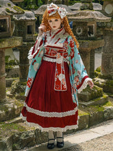 Blue Bear Print Crossover Design Top + Red Lace Trimmed JSK Dress Wa Lolita Set