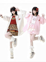 Pink/White Burger Embroidery Applique Oversized Shirt