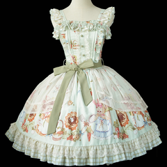 Green Bunny and Sunflower Print Sweet Lolita JSK Dress with Overlay and Plaid Hem