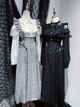 Jirai Kei Style Long Overall Skirt in Black/Gray Plaid with Detachable Flutter Sleeves & Rhinestone Accents