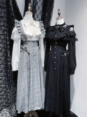 Jirai Kei Style Long Overall Skirt in Black/Gray Plaid with Detachable Flutter Sleeves & Rhinestone Accents