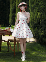 Summer Strawberry and Polka Dots Print Sun Dress White Sweet Lolita JSK