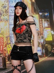 Y2K Army Green Camo Asymmetrical Neckline Heart and Cross Print T-Shirt
