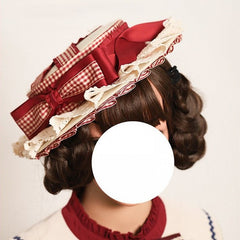 Red & White Plaid Lolita Flat Hat with Lace Trim and Bow