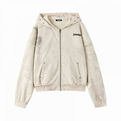 Wasteland Punk Studs Design Beige Washed Loose Casual Zip Hoodie