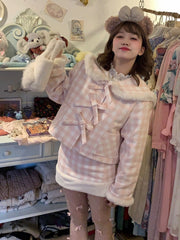 Sweet Pink Plaid Cropped Coat with Bowknot Details and White Plush Trim