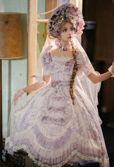 Clearance - Size S for Bust 78-92cm In Stock Key to the Fairyland Hime Lolita Dress Purple Flowy Short Lace Sleeves Lolita Dress Full Set