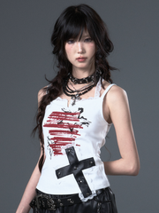 White Punk Star Graffiti Cami Top with Lace & Studded Cross