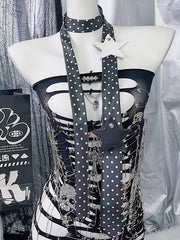 White/Black Y2K Star Applique Polka-dot Pattern Neck Tie