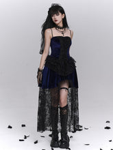 Halloween Gothic Blue & Black Dress with Lace-Up Front & Floral Lace Overlay
