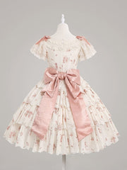 Pink&Beige Floral Print Lace Tiered Ruffle Elegant Classic Lolita Dresswith Bow Accents