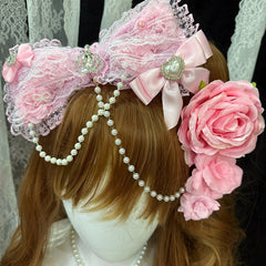 Pink Rhinestone Crown And Heart Decorated Lace Trim Bead Chain Bowknot Hairclip With 3 Floral Hairclips